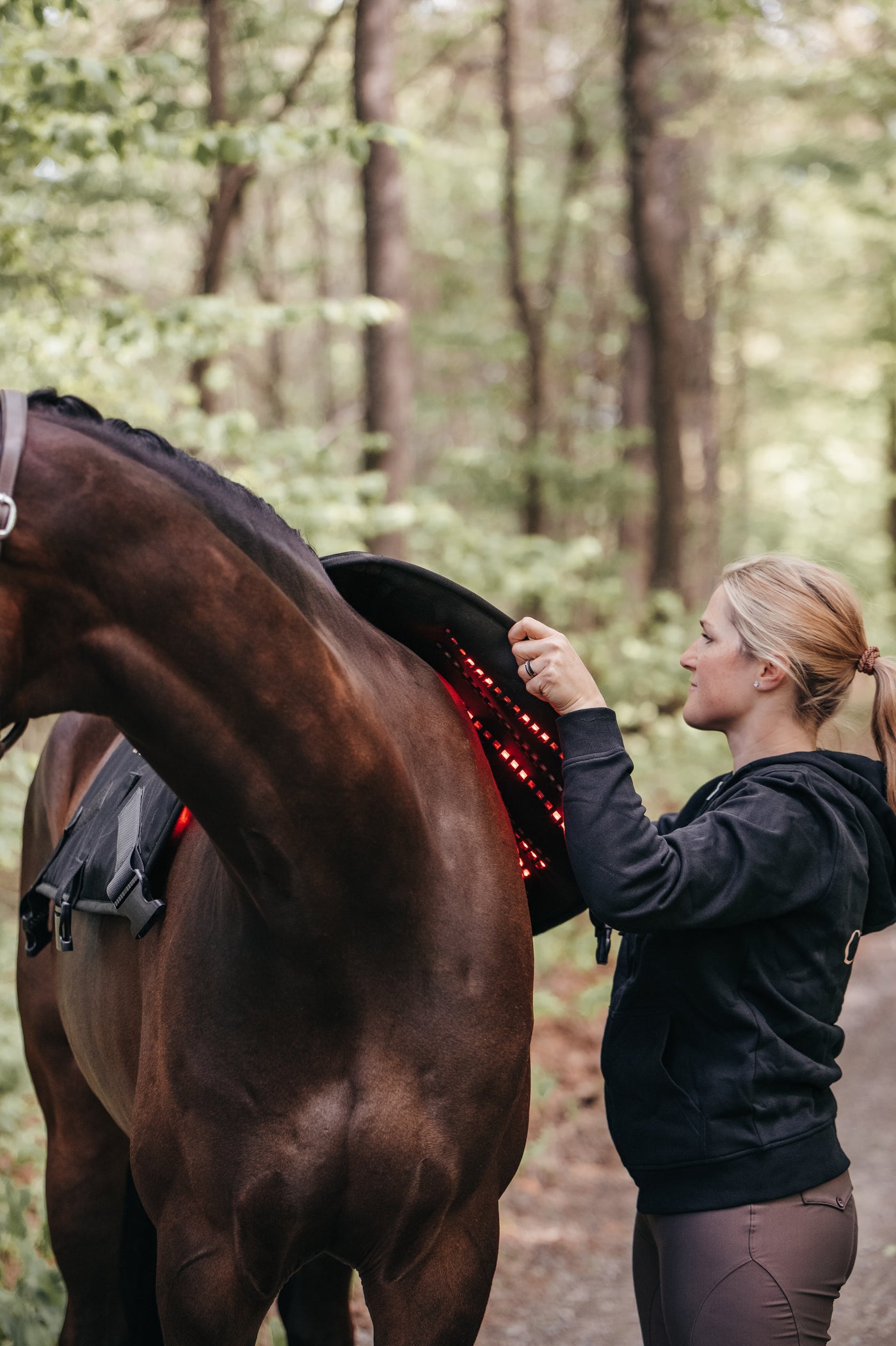 A woman lifting the edge of the Pad from a horse's back on a woodland track, with red lamps lit beneath.