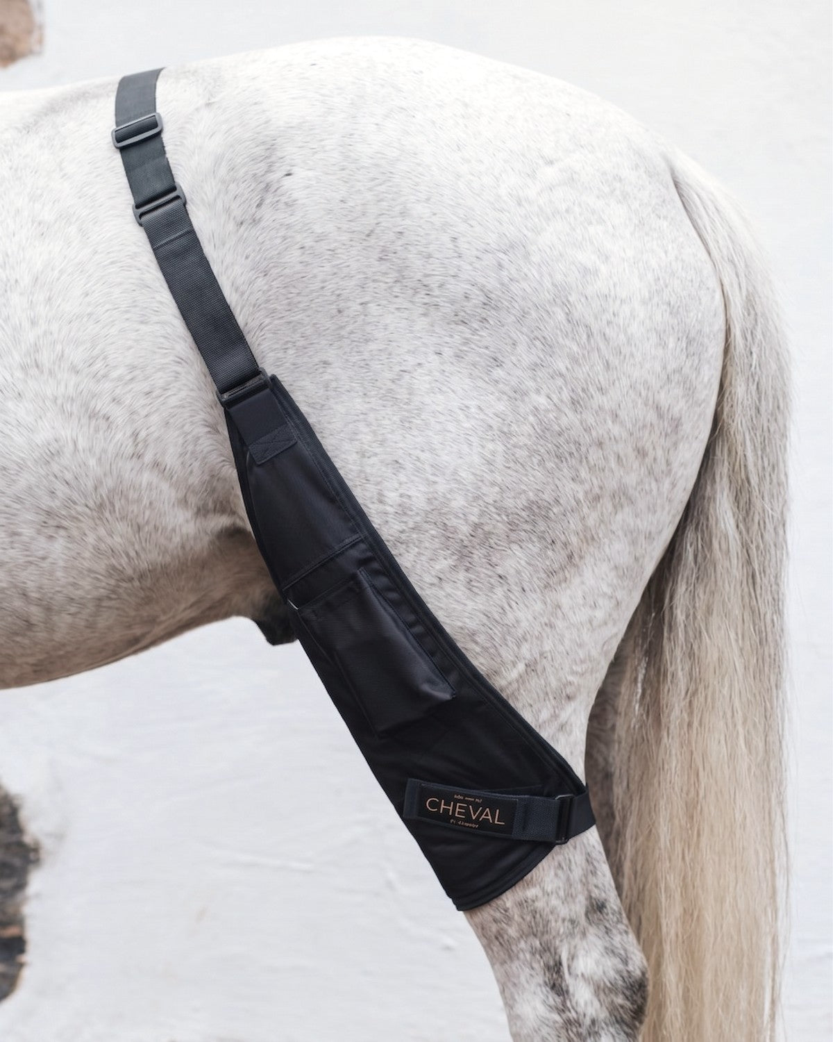 The LED by CHEVAL Stifle Wrap fitted on the stifles of a horse